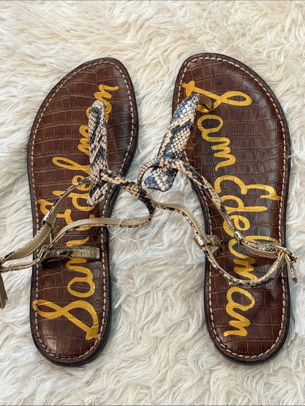 Sam Edelman Brown Croc-Embossed Sandals with Snake-Print Straps 9